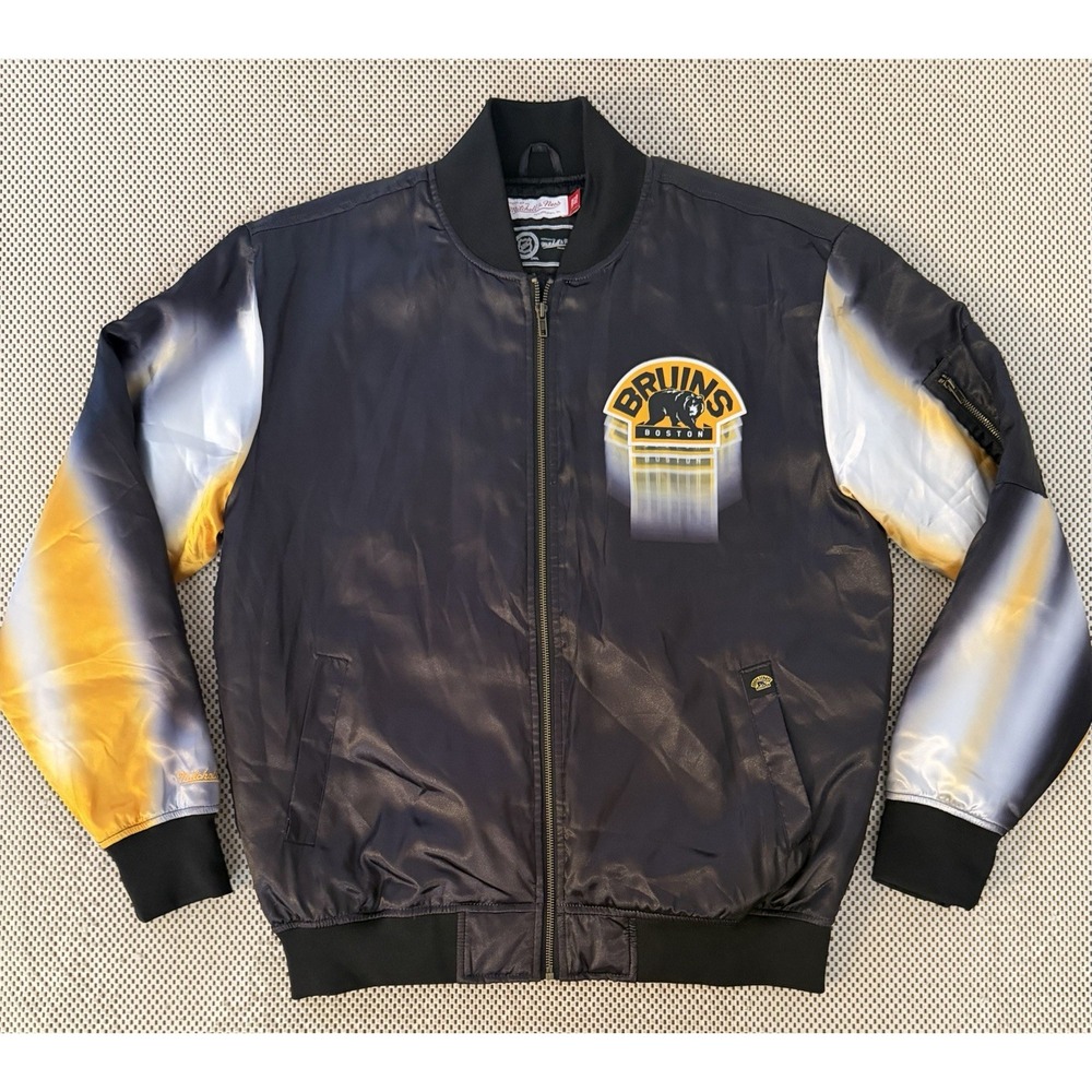 Mitchell & Ness Mens Boston Bruins Satin Bomber Jacket Size Large NHL